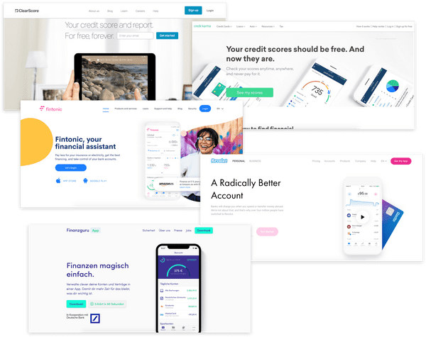 Small selection of “competitor’s” homepages: the visible focus on clean whitespace and putting Product screens as the main focal point