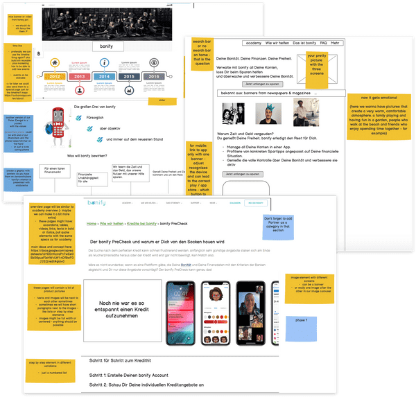 Some of the wireframes produced by Marketing in Balsamiq, with lots of notes an remarks added for posterity - of course we hid them from our test users